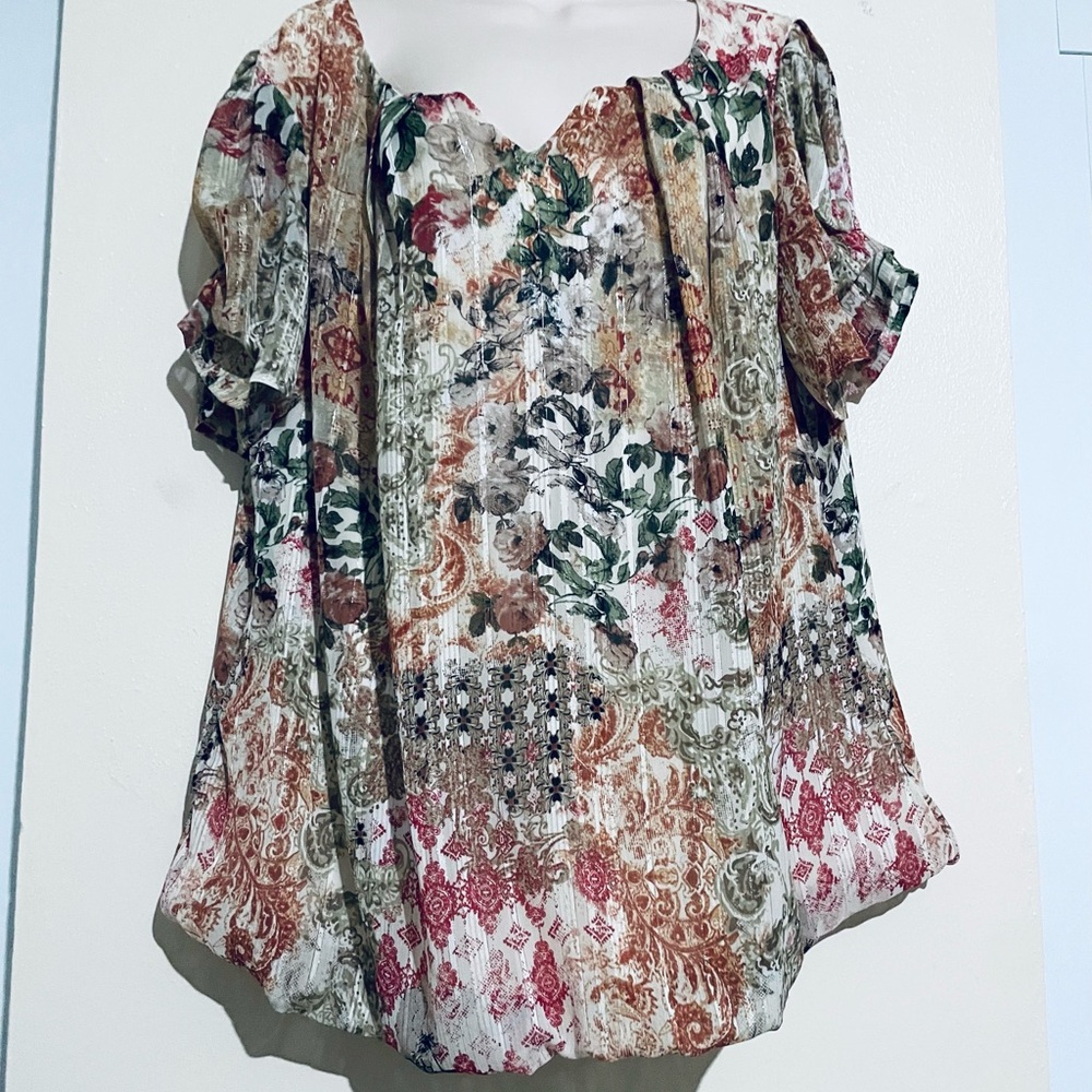 Sara Michelle Floral Patchwork Blouse - Red, Green, Brown